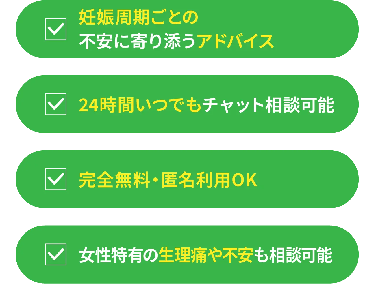 妊娠周期ごとの不安に寄り添うアドバイス 24時間いつでもチャット相談可能 完全無料・匿名利用OK 女性特有の生理痛や不安も相談可能